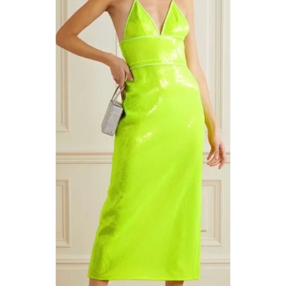 NWT David Koma Neon Sequined Tulle Halterneck Midi Dress Yellow-sz US 2
